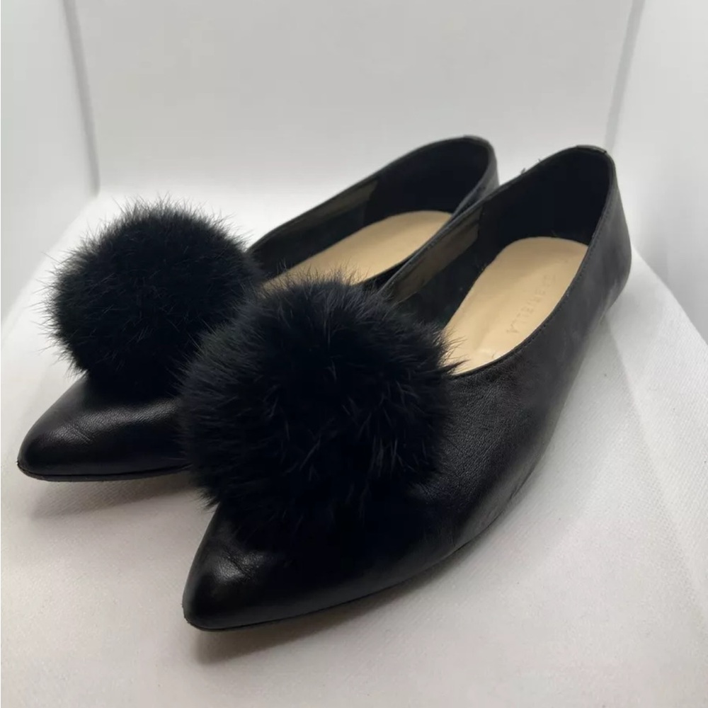 Gabriella Women’s Leather Black Fur Ball Fluffy Toe Pom Pom Bow Shoes Flats